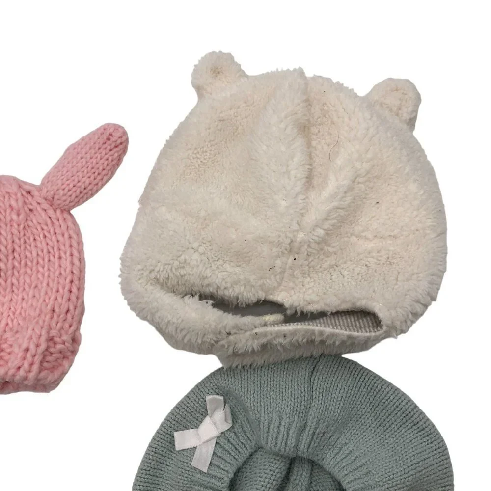 Baby Girls 0-9M 6-9M Knit Winter Hats BUNDLE Fuzzy Ears Cute Beret Animal Bear‎